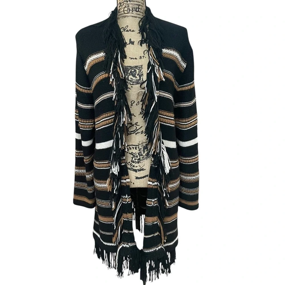 Johnny Was Ada Striped Cardigan Black Striped Fringe Alpaca Wool Size Large - Picture 9 of 9